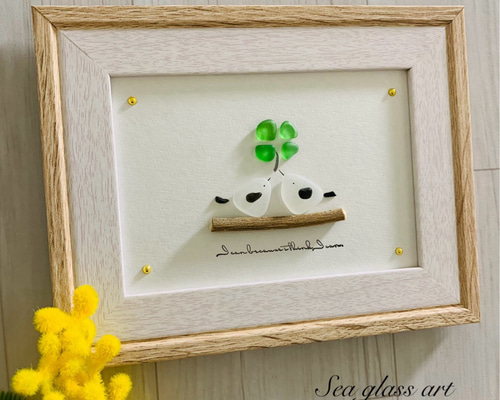 シーグラスアート シマエナガ 四葉のクローバー インテリア雑貨