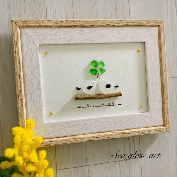 シーグラスアート シマエナガ 四葉のクローバー インテリア雑貨