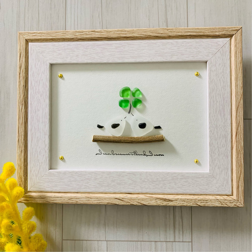 シーグラスアート シマエナガ 四葉のクローバー インテリア雑貨