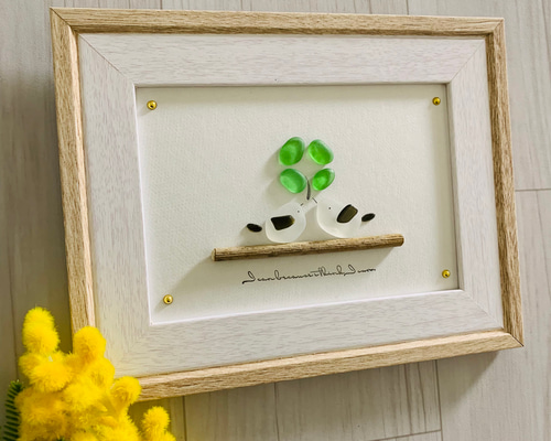 シーグラスアート シマエナガ 四葉のクローバー インテリア雑貨