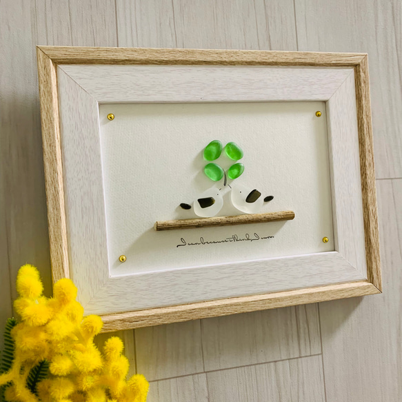 シーグラスアート シマエナガ 四葉のクローバー インテリア雑貨