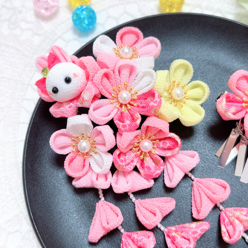 華やか＊七五三 髪飾り つまみ細工 うさぎ ピンク 銀ビラ 3歳 7歳 753