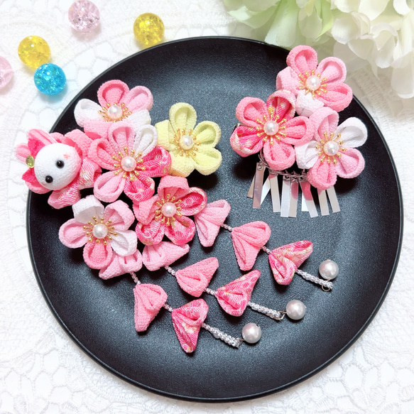 華やか＊七五三 髪飾り つまみ細工 うさぎ ピンク 銀ビラ 3歳 7歳 753