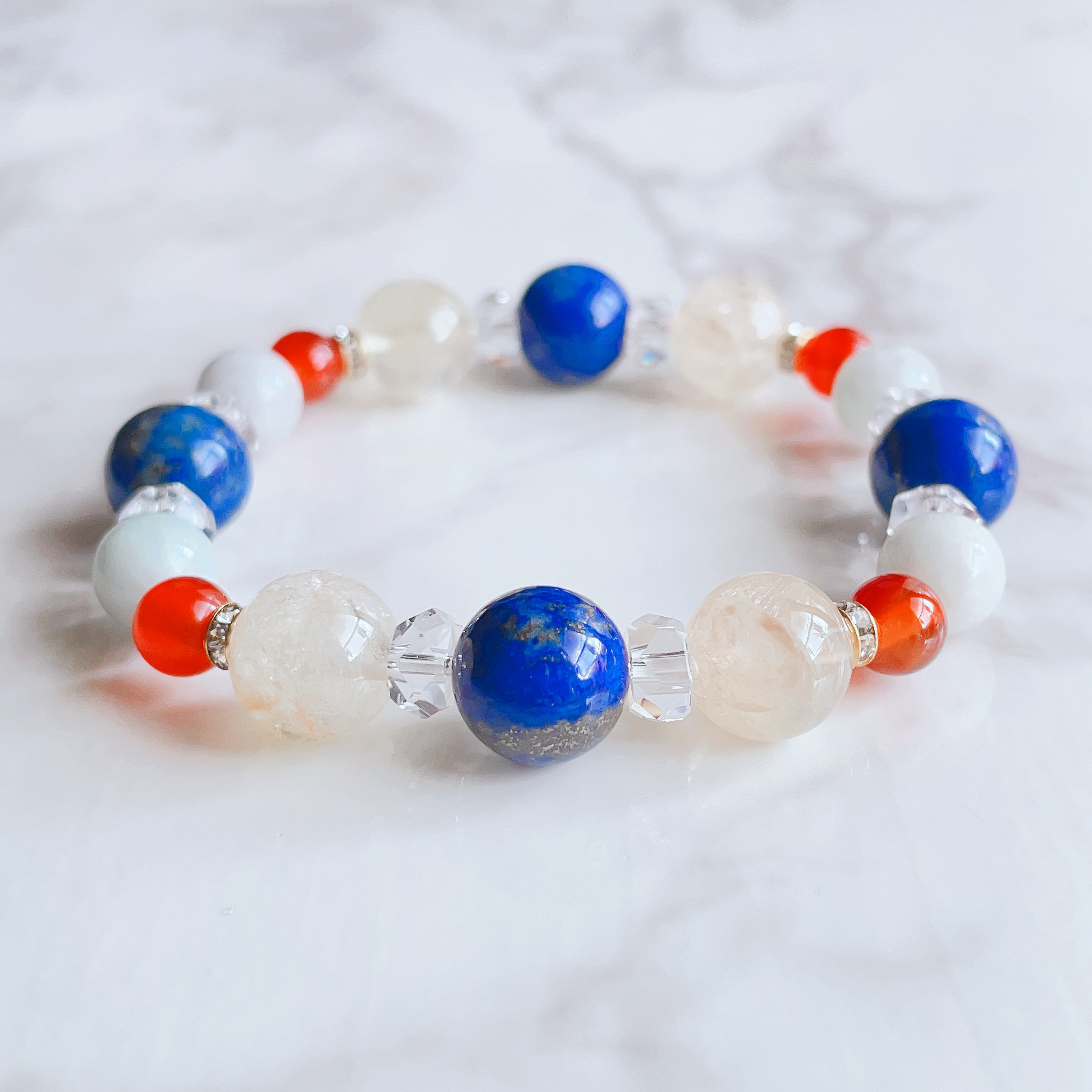 ✦災難から身を守り、大願成就へ導く ラピスラズリ・シトリン・カーネリアン・翡翠 天然石 ブレスレット No636