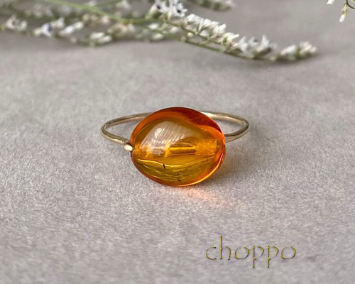 こっくりカラー＊天然アンバー(琥珀)のときめきリング 14kgf 華奢