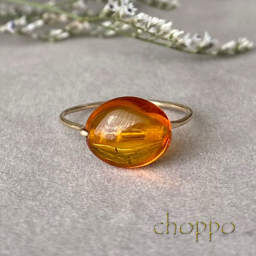 こっくりカラー＊天然アンバー(琥珀)のときめきリング 14kgf 華奢