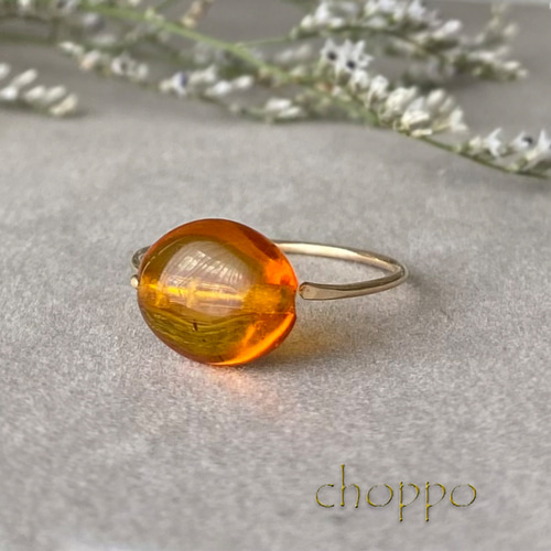 こっくりカラー＊天然アンバー(琥珀)のときめきリング 14kgf 華奢