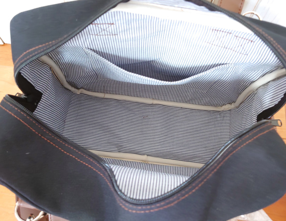 色の変更可能3way黒帆布と焦げ茶合皮の四角いボストンバッグ（横型） 9枚目の画像