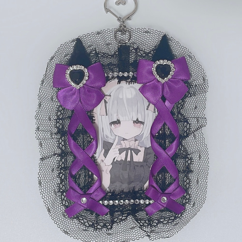 B8 猫耳リボンブラック×紫硬質ケース チェキケース トレカホルダー