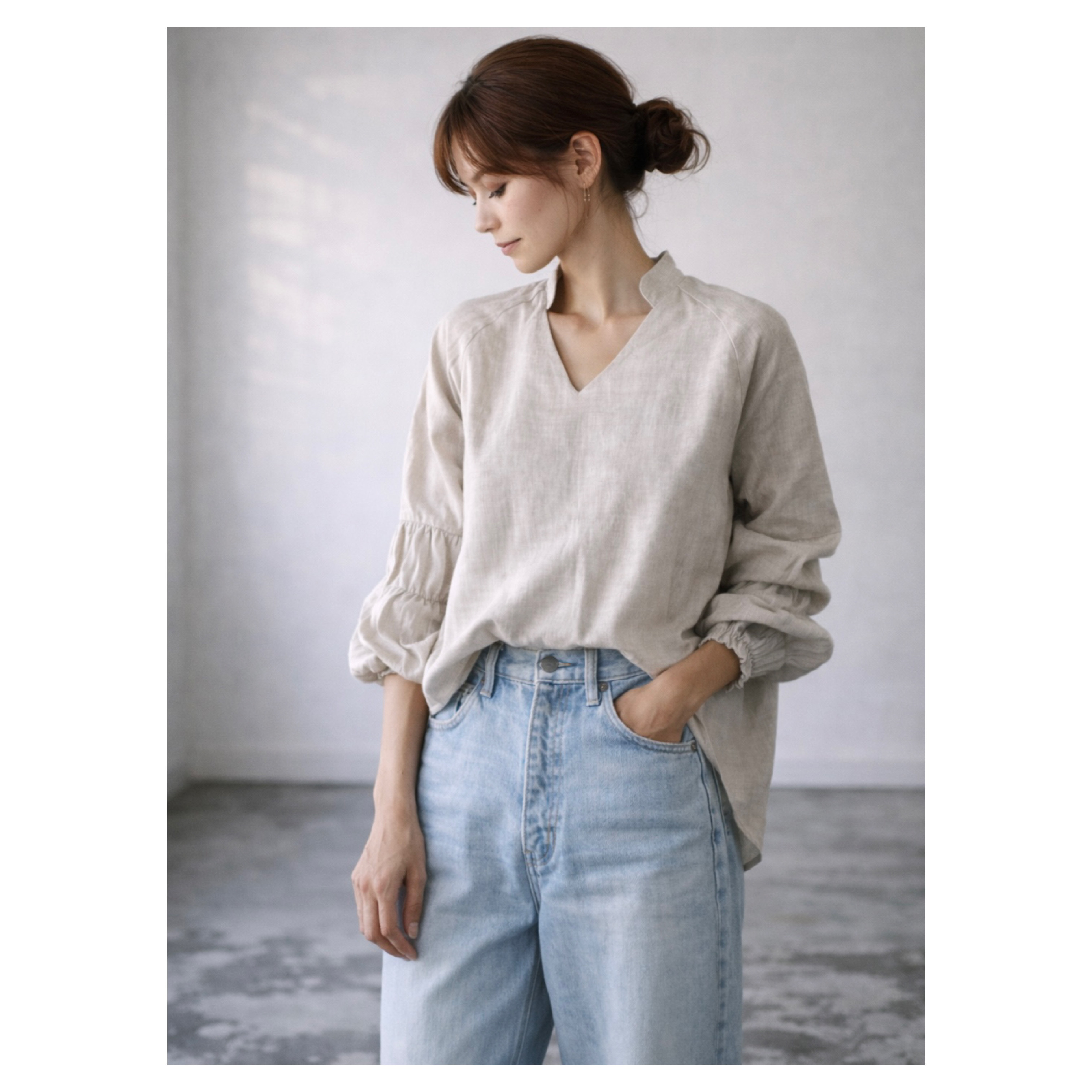 ヨーロッパリネンブラウス／リネンギャザーバルーンスリーブデザインブラウス／ボリューム袖／生成り／linum kyoto
