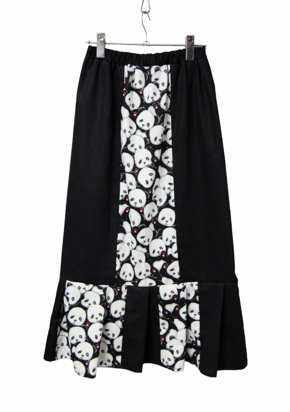 パンダ×ブラック　ミックス　裾プリーツ　ロングスカート 1枚目の画像