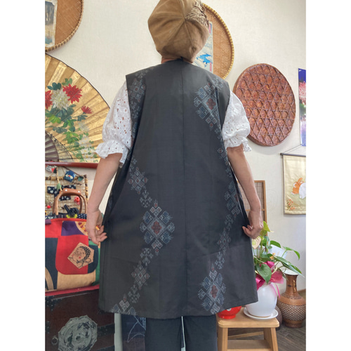 藍大島のセミロングベスト 着物リメイク ベスト 着物リメイク
