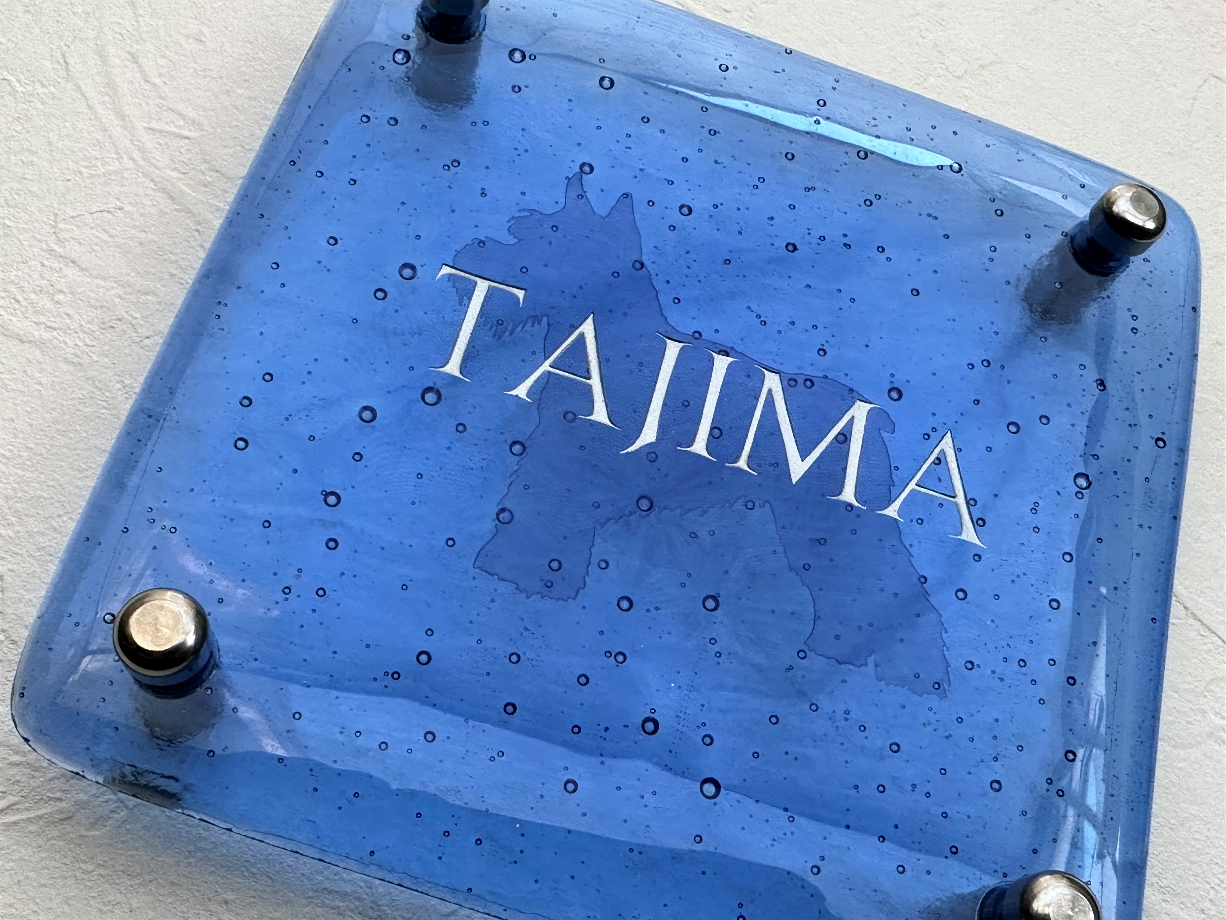 《わんこシルエット＋ネーム入れ》うちの子ガラス表札 　ブルー　愛犬とお名前を彫刻　マイホームや新築・引っ越しに♪