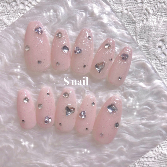 ネイルチップ ピンク ストーン ビジュー ハート ワンホンネイル 韓国  