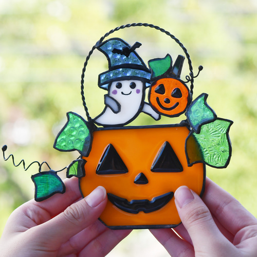 ハロウィン☆カボチャinお化けちゃん♡ ステンドグラス ハロウィン カボチャとオバケちゃん その他インテリア