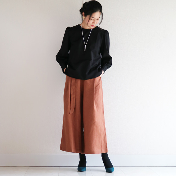秋冬【テラコッタ】洗えるリネン100%ウエストゴム入りワイドパンツ★ 3枚目の画像