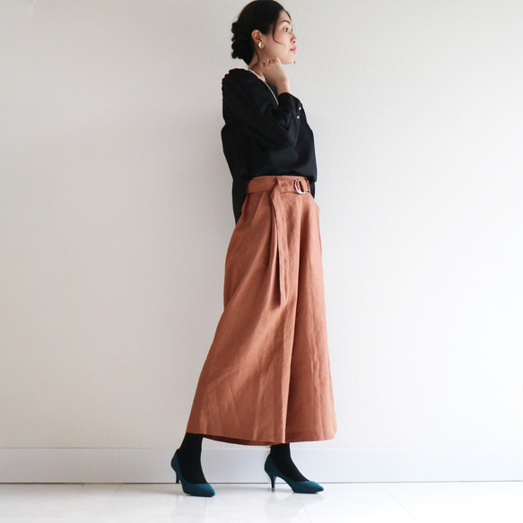 秋冬【テラコッタ】洗えるリネン100%ウエストゴム入りワイドパンツ★ 4枚目の画像