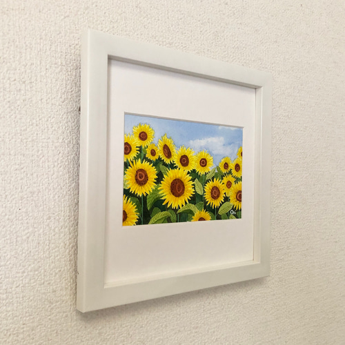 ひまわり」透明水彩画 原画 風景画 額縁付 ハガキサイズ 絵画