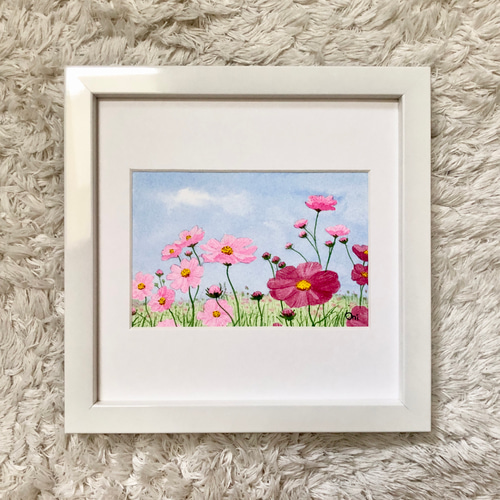 コスモス01」透明水彩画 原画 風景画 額縁付 ハガキサイズ 絵画 コスモス01」透明水彩画 原画 風景画 額縁付 ハガキサイズ 絵画