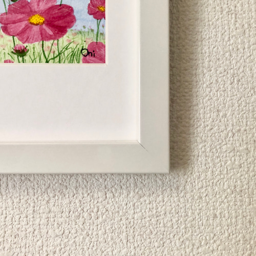 コスモス01」透明水彩画 原画 風景画 額縁付 ハガキサイズ 絵画 コスモス01」透明水彩画 原画 風景画 額縁付 ハガキサイズ 絵画