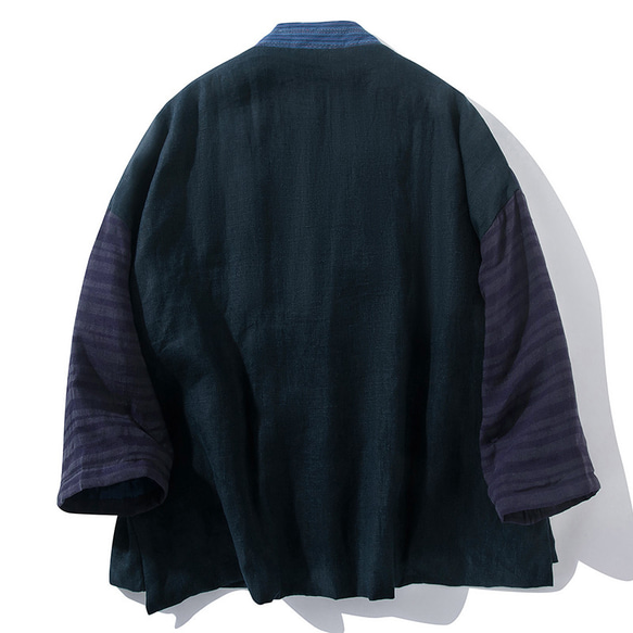 綿麻中綿ジャケット　パーチワーク風リネンジャケット　暖かい中綿トップス　和風羽織りネイビー　フリーサイズL268　 2枚目の画像