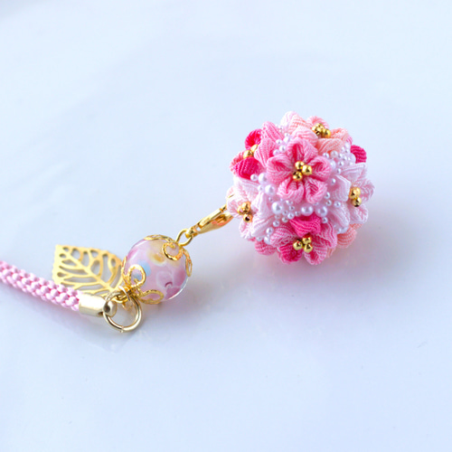 ❁つまみ細工山桜＆とんぼ玉根付けストラップ❁帯飾りキーアクセサリー