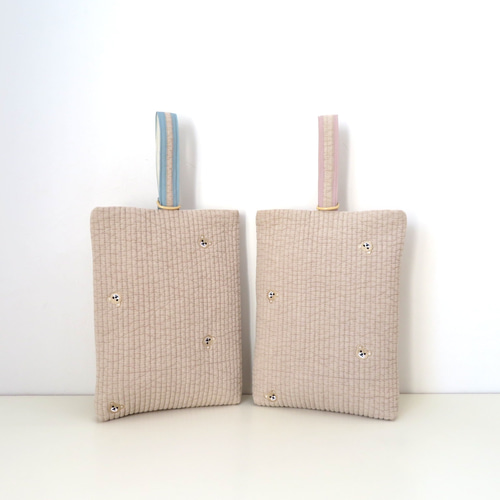 ヌビ布×くま刺繍のレッスンバッグ~持ち手2色からご選択 ヌビ布×くま刺繍のレッスンバッグ~持ち手2色からご選択