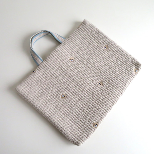 ヌビ布×くま刺繍のレッスンバッグ~持ち手2色からご選択 ヌビ布×くま刺繍のレッスンバッグ~持ち手2色からご選択