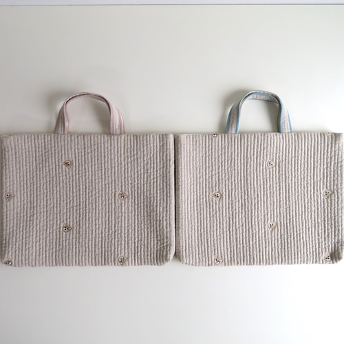 ヌビ布×くま刺繍のレッスンバッグ~持ち手2色からご選択 ヌビ布×くま刺繍のレッスンバッグ~持ち手2色からご選択
