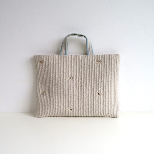 ヌビ布×くま刺繍のレッスンバッグ~持ち手2色からご選択 ヌビ布×くま刺繍のレッスンバッグ~持ち手2色からご選択