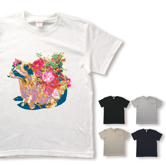 鮮やか椿あらいぐまのTシャツ 1枚目の画像