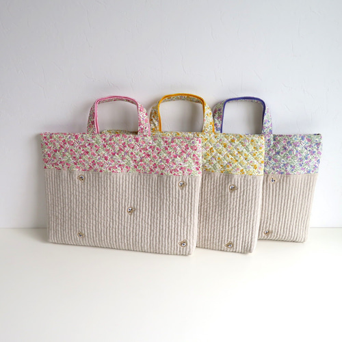 ヌビ布×くま刺繍＋花柄のレッスンバッグ～花柄3色からご選択