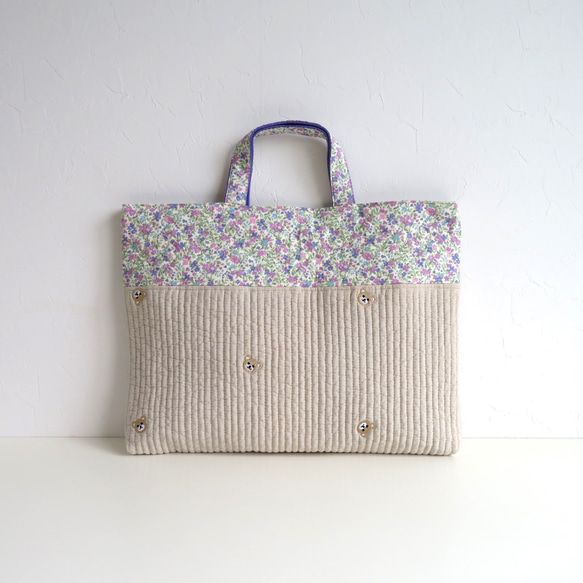 ヌビ布×くま刺繍＋花柄のレッスンバッグ～花柄3色からご選択 4枚目の画像