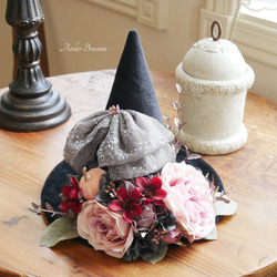 ハロウィン!! 魔女の帽子のアレンジ・グレー＆ピンク ベロア調
