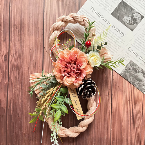 No.42 カラー八の字しめ縄リース2024 ハンドメイドお正月飾り 玄関