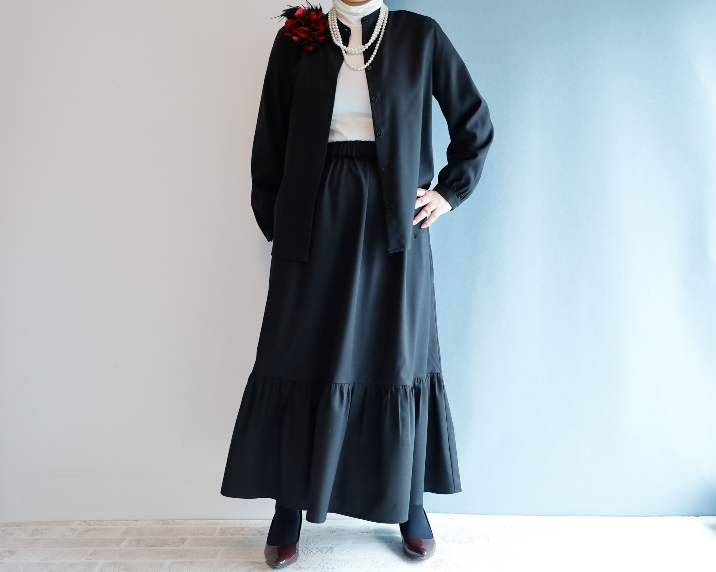 超早割「通年ブラック」ティアードスカート ブラックリネン 入学式 卒業式 セレモニー オフィス パーティ 結婚式