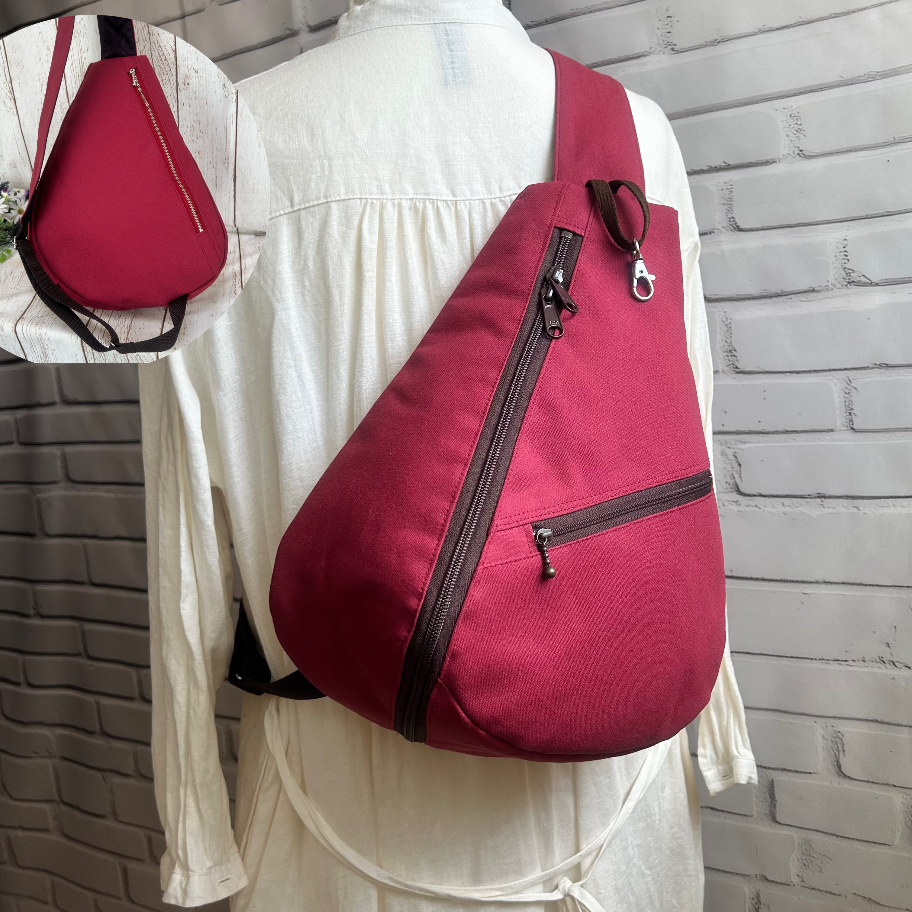 両開き開閉　背面ポケット付き　軽量　しずく型　ワンショルダーバック　ボディーバック　帆布　ワイン色　色変更可能