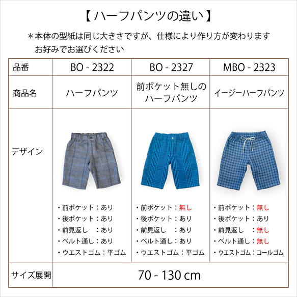 前ポケット無しのハーフパンツ（型紙のみ）型品番：BO-2327 13枚目の画像