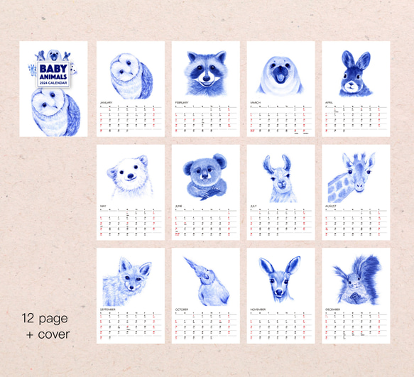 2024森の動物カレンダー　【壁掛け　A3 A4 サイズ  水彩画】 9枚目の画像