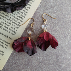 蓬鬆深紅花瓣耳環（耳環）秋冬水晶花玫瑰 第2張的照片
