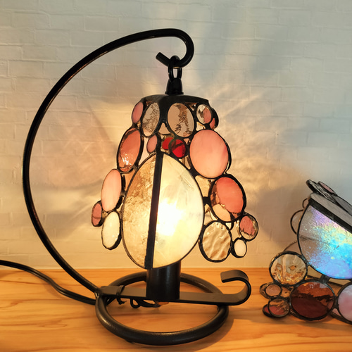 注文制作【シャボン玉テーブルランプ】ステンドグラス ピンク ふんわり