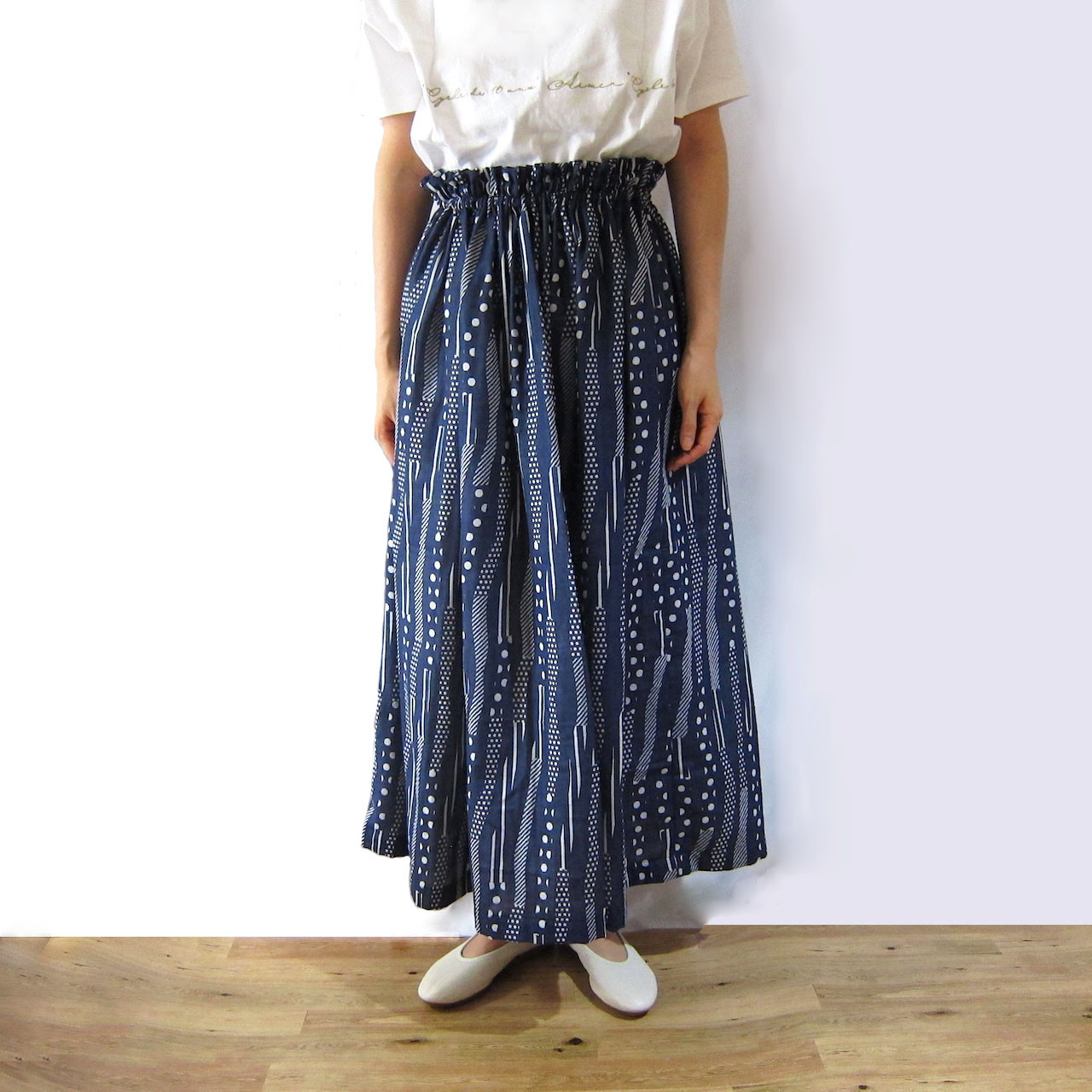 《特集掲載》【受注制作】播州織ガーゼのロングスカート Circle & line wave ネイビー