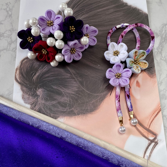 つまみ細工 小珠と丸紐の髪飾り「藤色小町(ふじいろこまち)」 成人式 卒業式 七五三 ボブ ショート 和装髪飾り紫 5枚目の画像