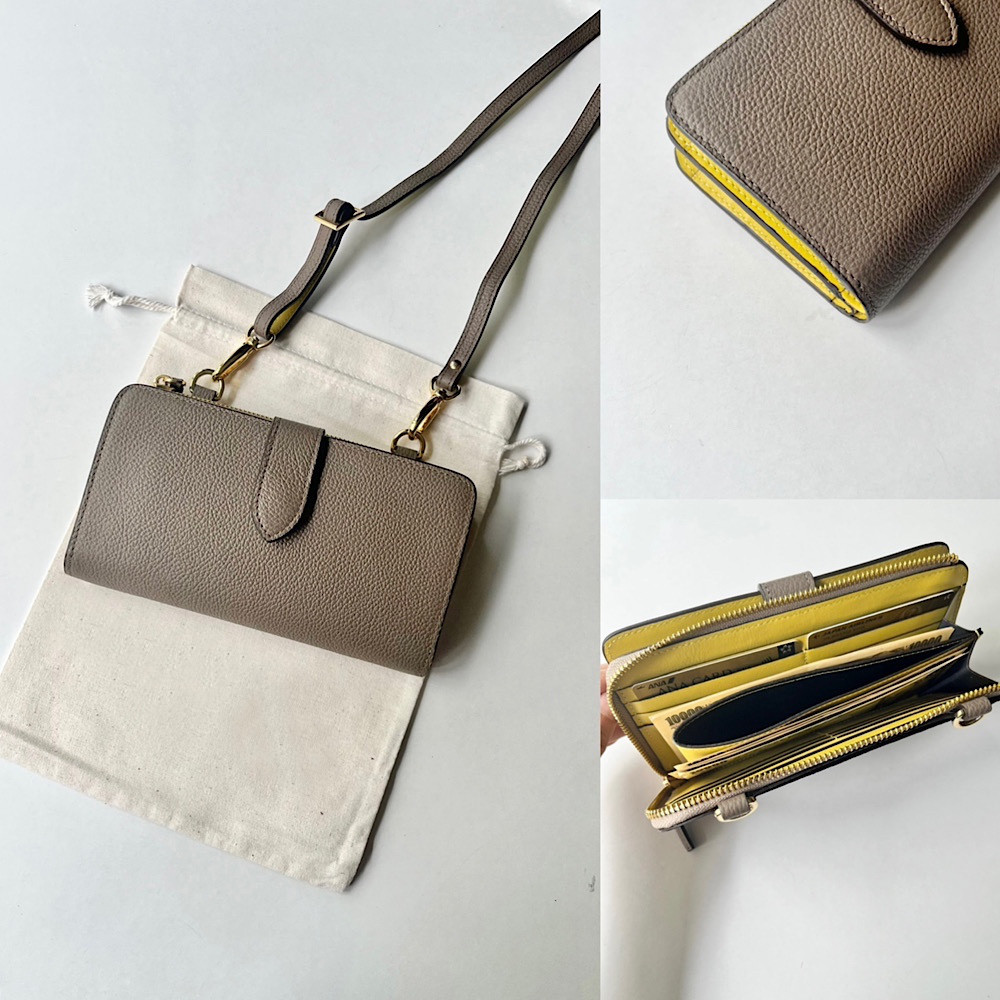 本革 　超軽量２６０グラム　お財布ショルダー スマホショルダー　バイカラーL字型財布　お財布ポシェット本革