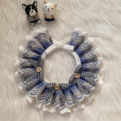 3つのチェックリボン 猫&犬&用襟型ペット 青い花の首輪☆布+レース首輪 1枚目の画像
