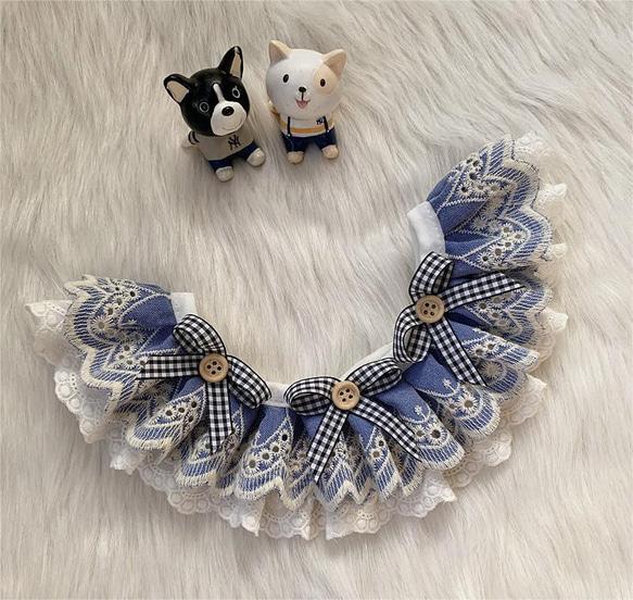 3つのチェックリボン 猫&犬&用襟型ペット 青い花の首輪☆布+レース首輪 3枚目の画像