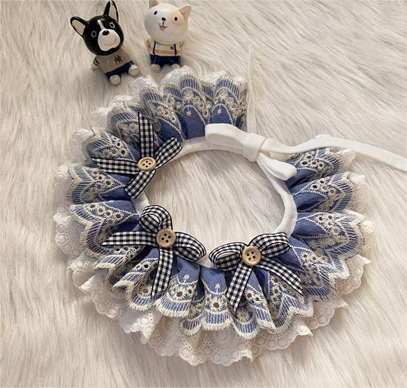 3つのチェックリボン 猫&犬&用襟型ペット 青い花の首輪☆布+レース首輪 2枚目の画像