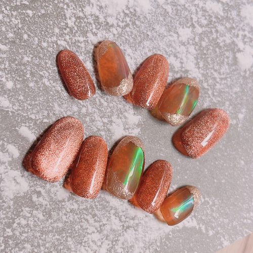 SPICE】 オレンジマグネットとオーロラフィルムのネイルチップ  