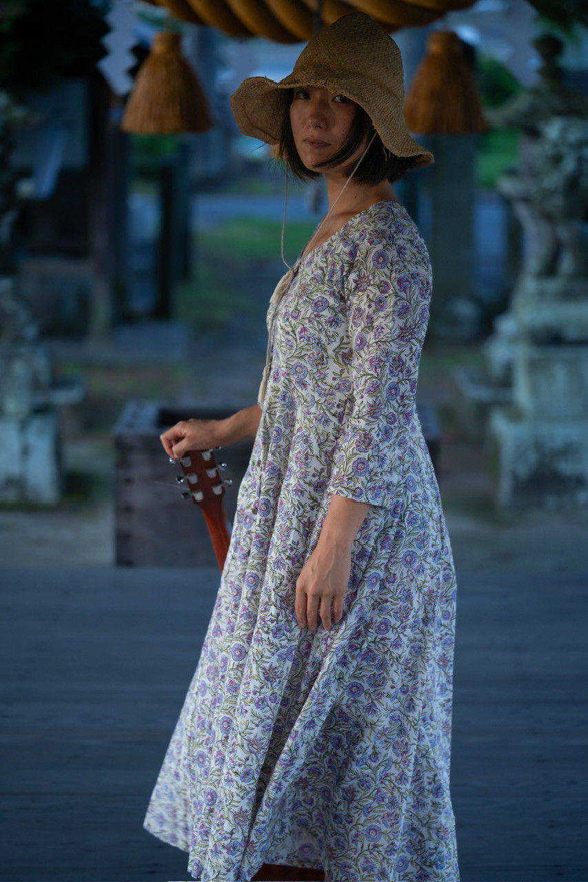 ブロックプリント マキシ丈ワンピース ボタンダウン 前開き E