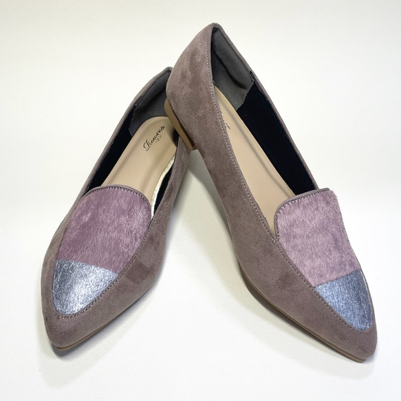 ◆2,000日圓折扣/冬季促銷◆「Suede x Harako style」平底鞋（灰米色+銀色）23.0-25.0cm 第3張的照片